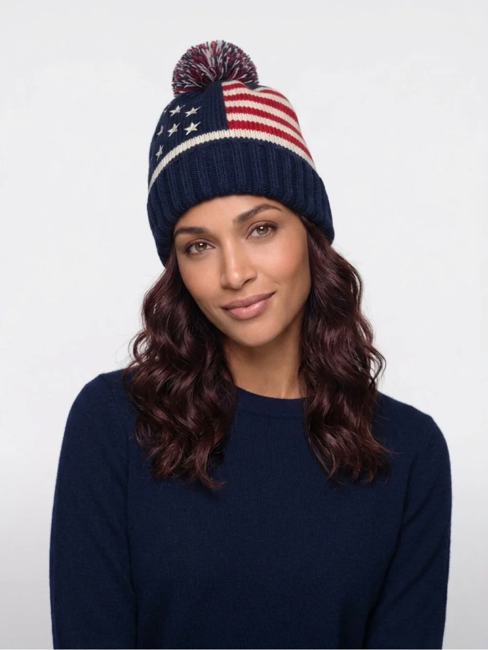 American Flag Acrylic Knit Pom Beanie Red White Blue Unisex